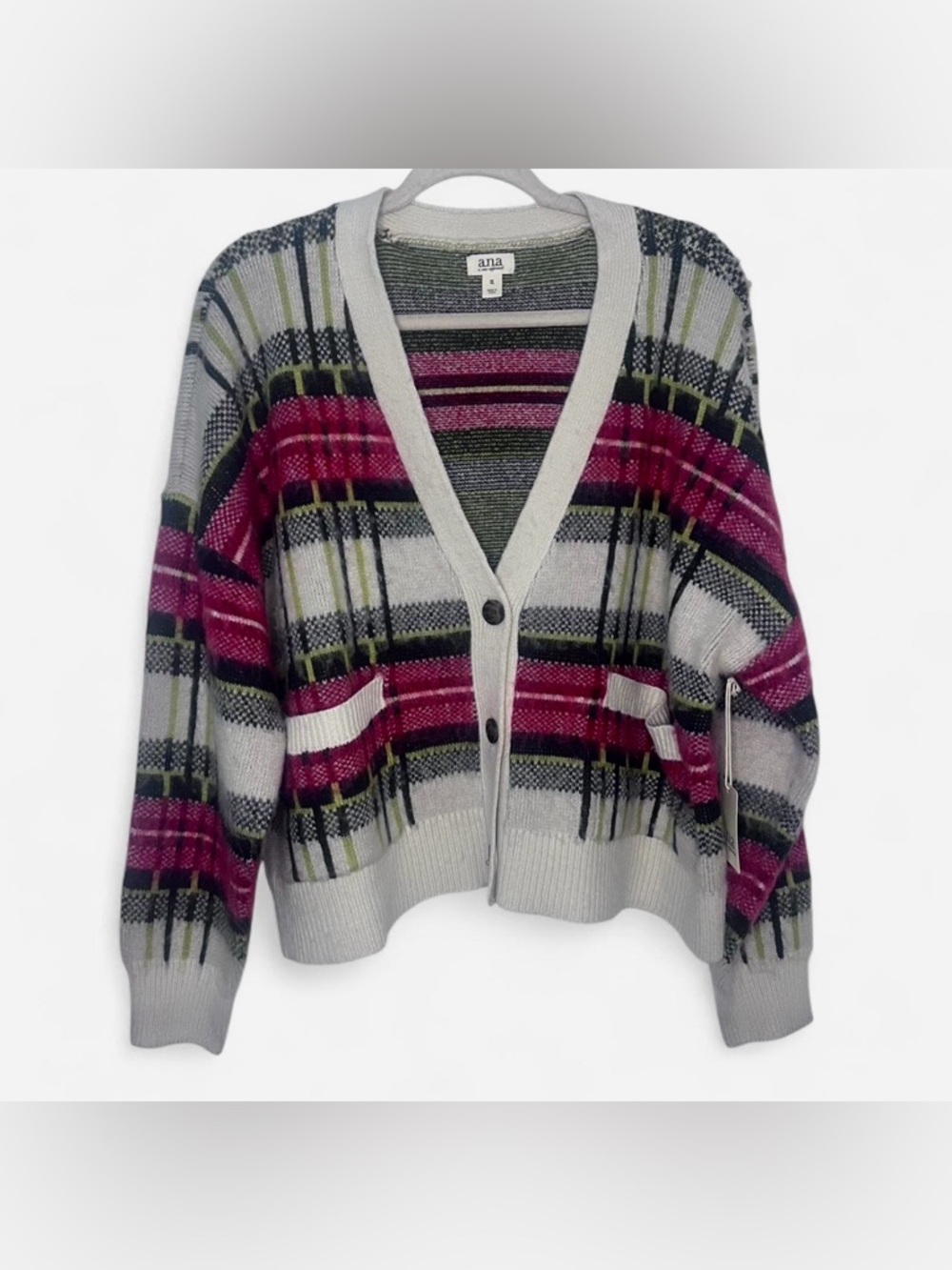 a.n.a Plaid Red, Green, Navy, Cream Button Front Cardigan size XL NWT